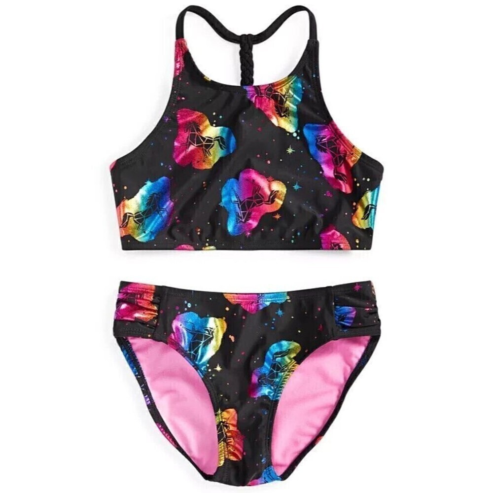 Breaking Waves Big Girls 2-Pc. High Neck Allover Unicorn Swimsuit Multi Size 7
